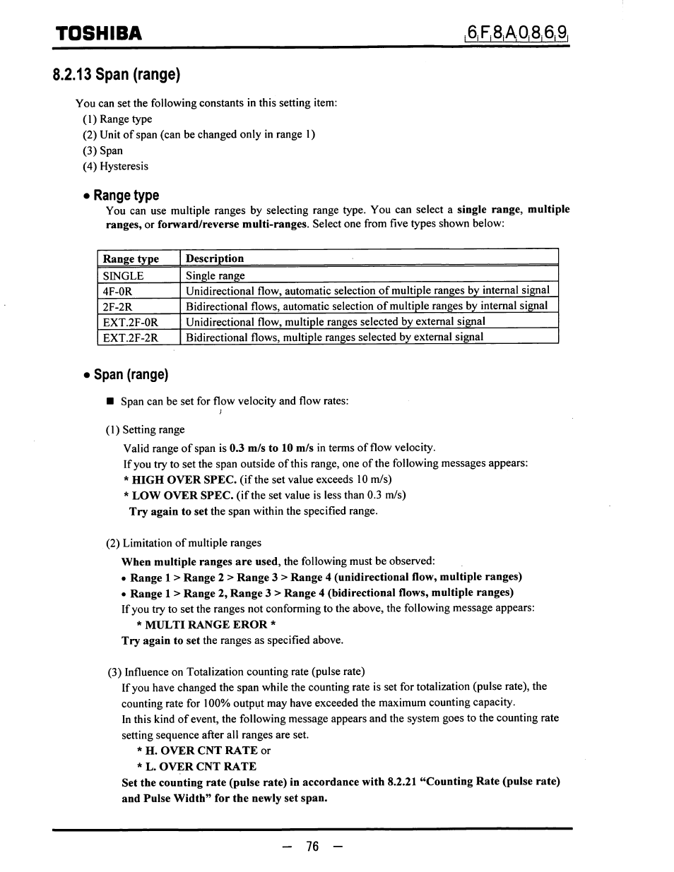 13 span (range), Range type, Span (range) | Toshiba | Toshiba LF600F User Manual | Page 77 / 162