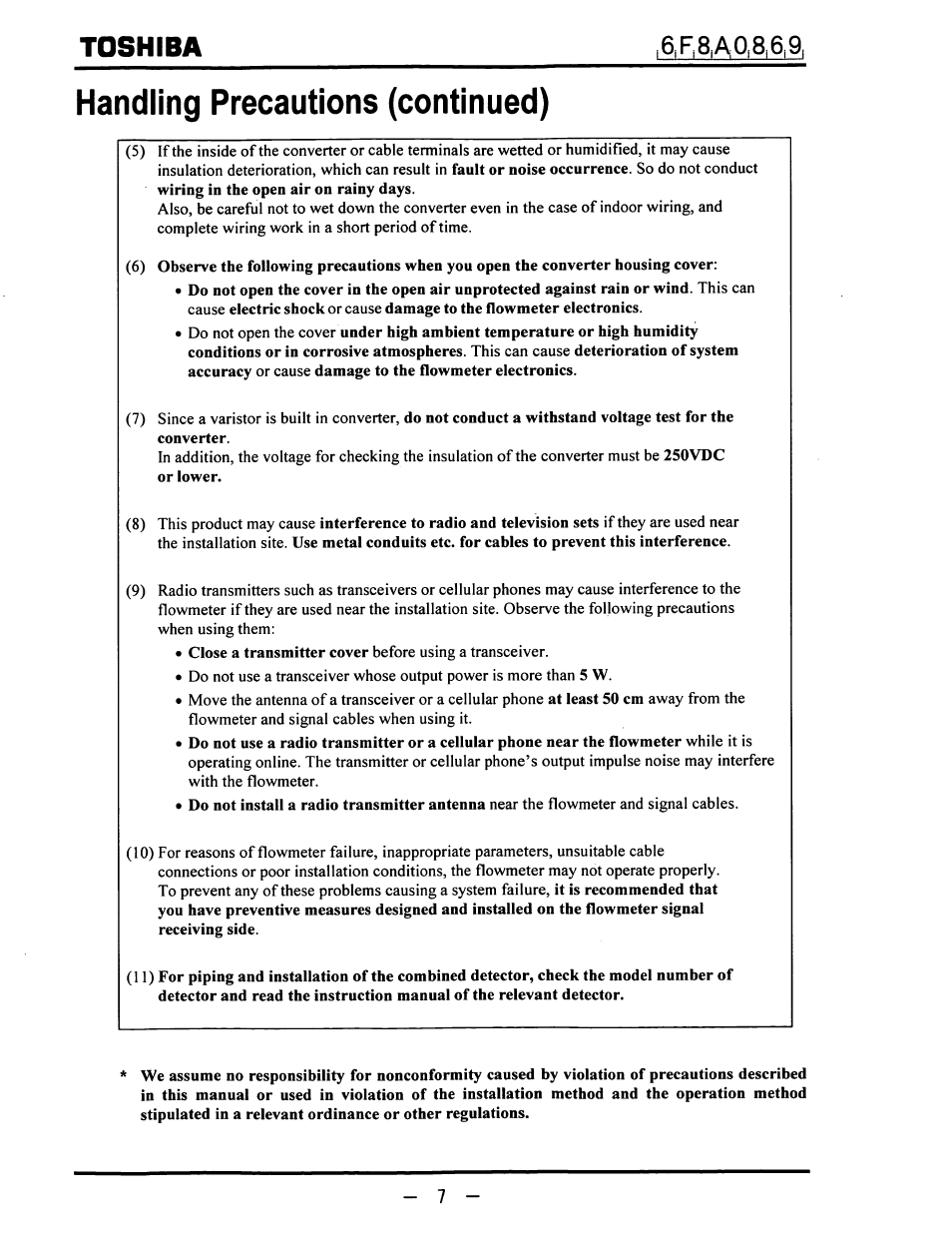 Toshiba, Handling precautions (continued) | Toshiba LF600F User Manual | Page 8 / 162