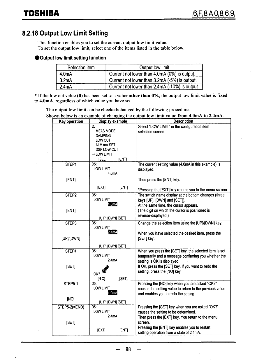 18 output low limit setting, Output low limit setting function, Toshiba | Toshiba LF600F User Manual | Page 89 / 162