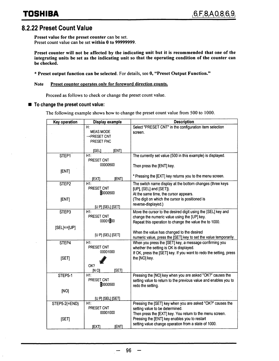 22 preset count value, To change the preset count value, Toshiba | Toshiba LF600F User Manual | Page 97 / 162