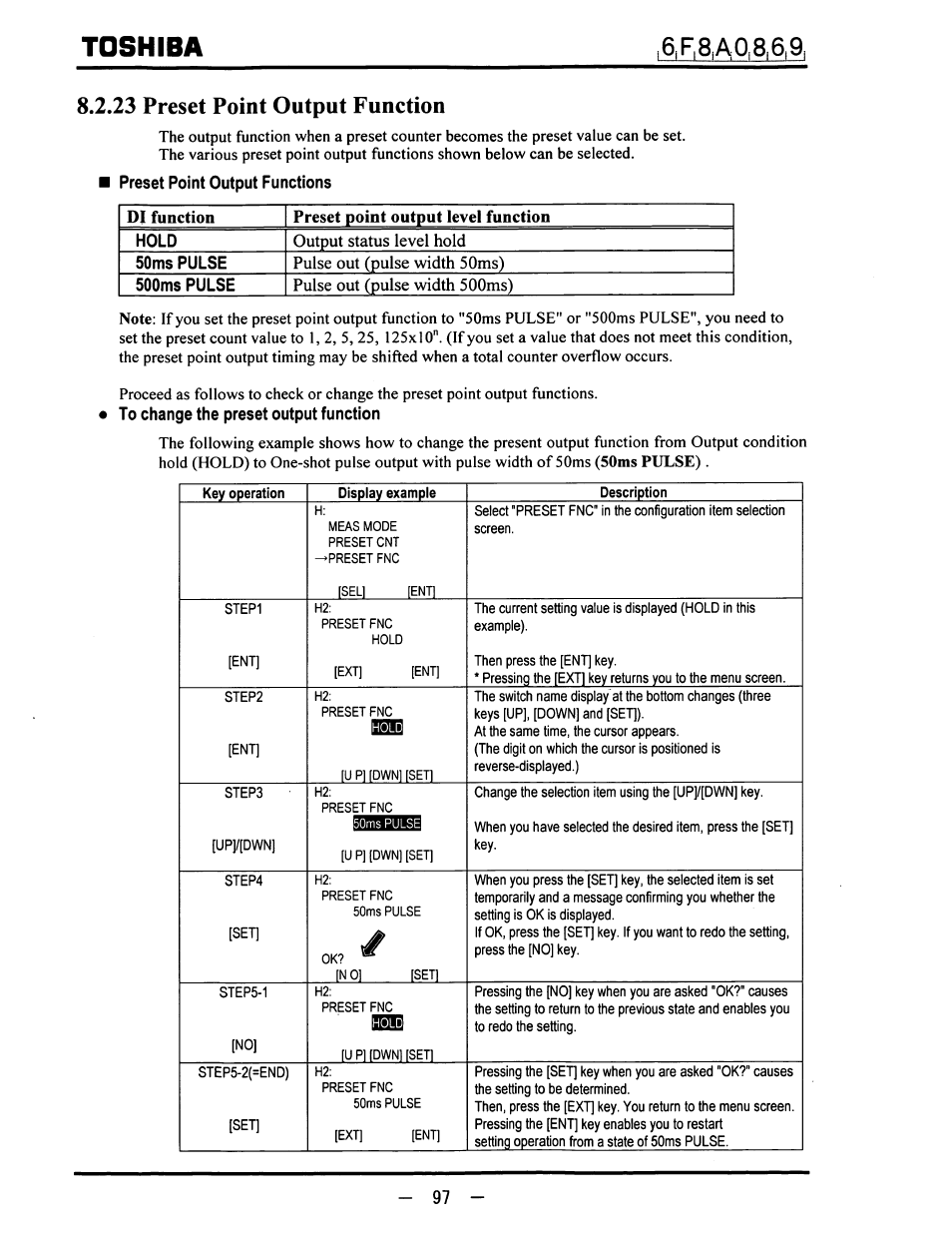 23 preset point output function, Preset point output functions, To change the preset output function | Toshiba, Output status level hold, Pulse out (pulse width 50ms), Pulse out (pulse width 500ms) | Toshiba LF600F User Manual | Page 98 / 162
