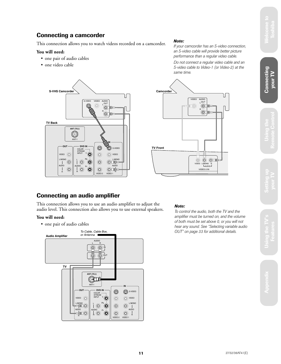 Camcorder / audio amplifier, Connecting a camcorder, Connecting an audio amplifier | Toshiba 27AF41 User Manual | Page 11 / 38