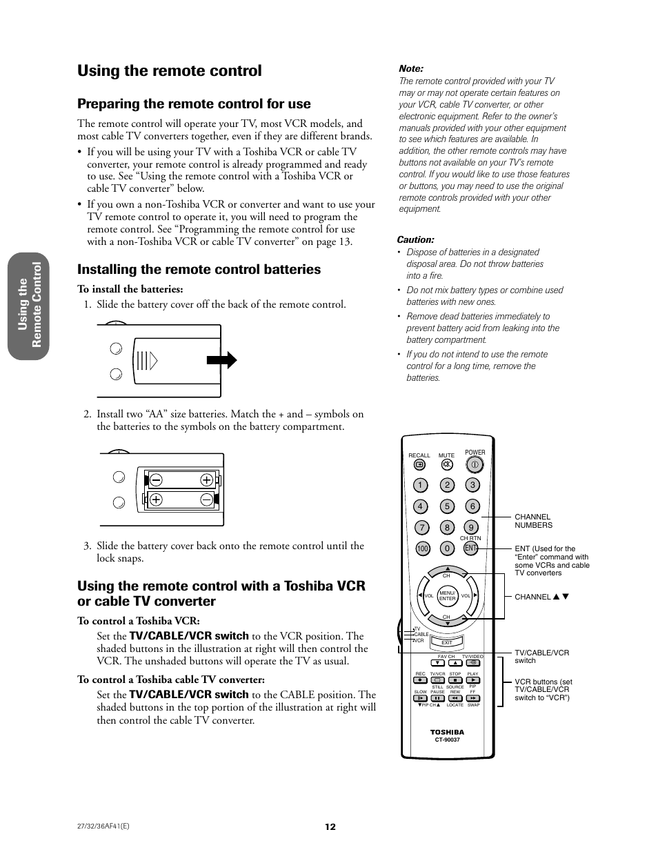 Using the remote control, Preparing for use, Preparing the remote control for use | Installing the remote control batteries, Using the remote contr ol | Toshiba 27AF41 User Manual | Page 12 / 38