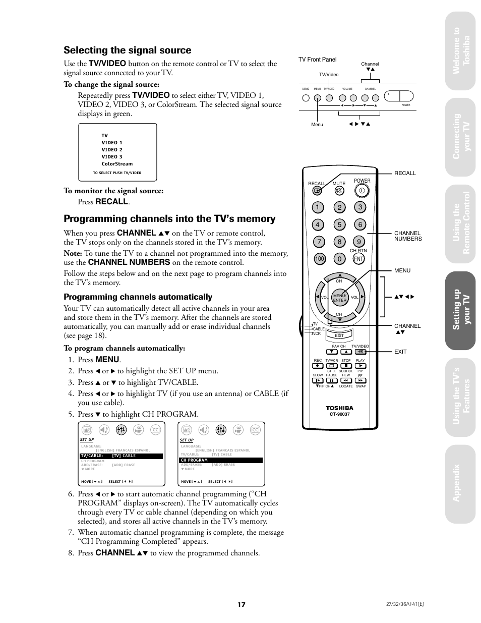 Programming channels into the tv's memory, Selecting the signal source, Programming channels automatically | When you press channel, Press | Toshiba 27AF41 User Manual | Page 17 / 38