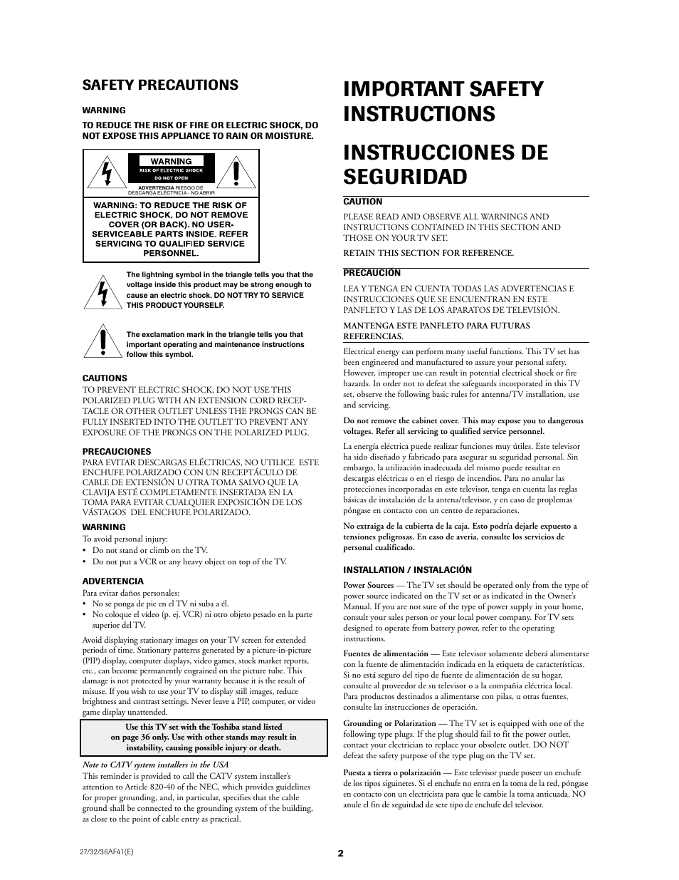 Safety instructions, Safety precautions | Toshiba 27AF41 User Manual | Page 2 / 38