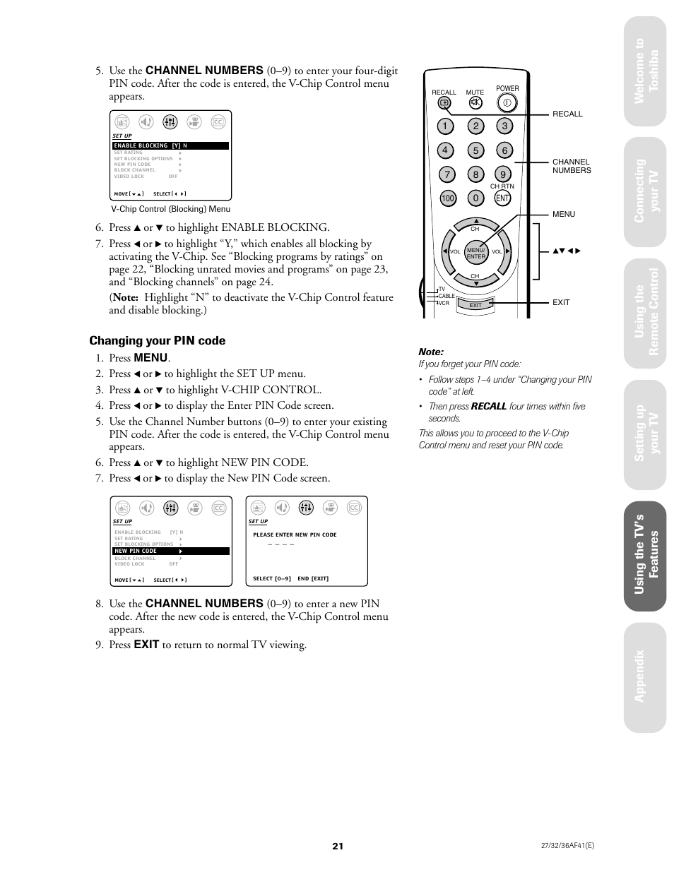 Changing your pin code | Toshiba 27AF41 User Manual | Page 21 / 38