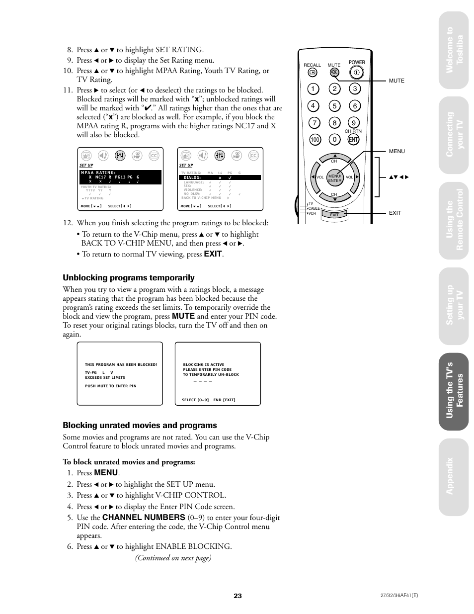Unblocking programs temporarily, Blocking unrated movies and programs, Press | Toshiba 27AF41 User Manual | Page 23 / 38