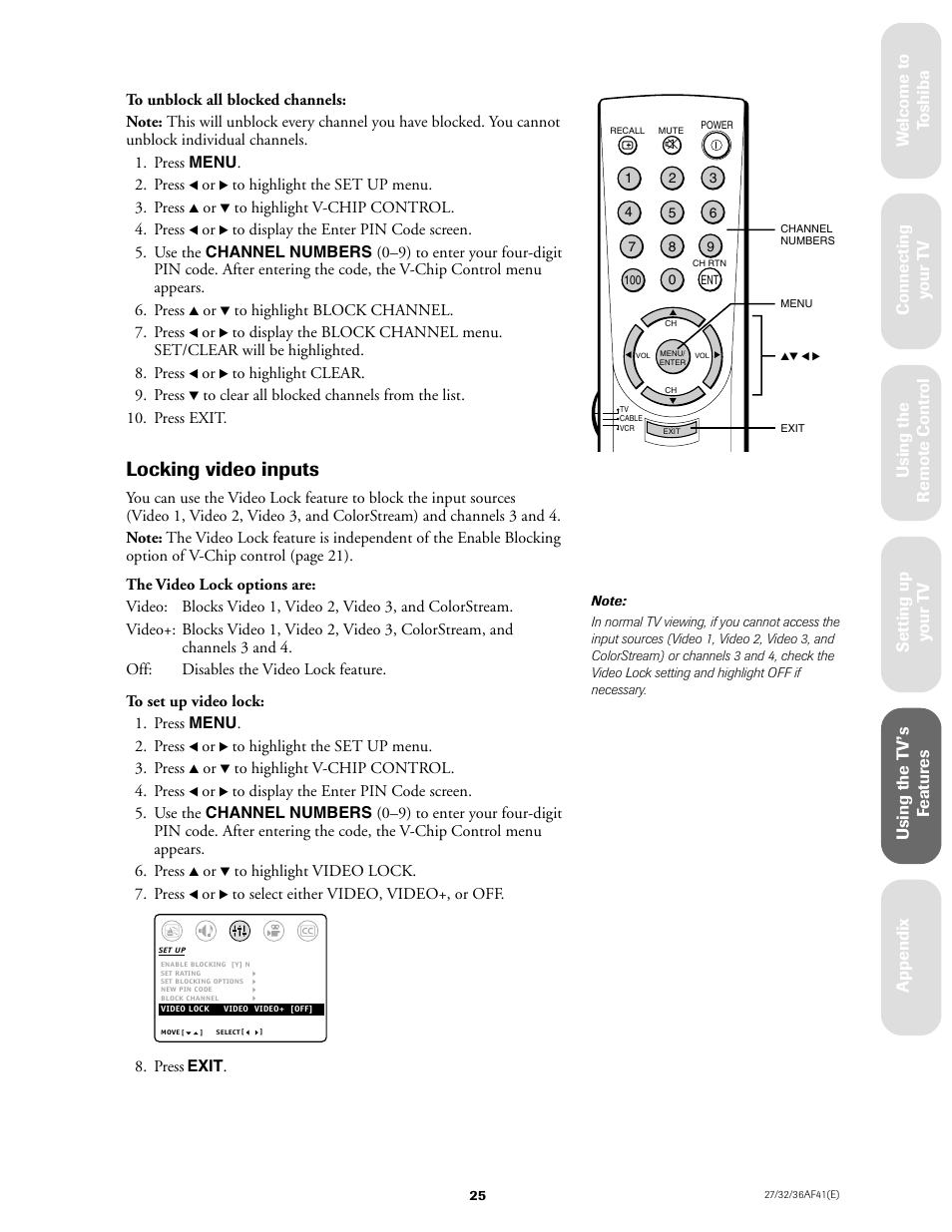 Locking video inputs | Toshiba 27AF41 User Manual | Page 25 / 38
