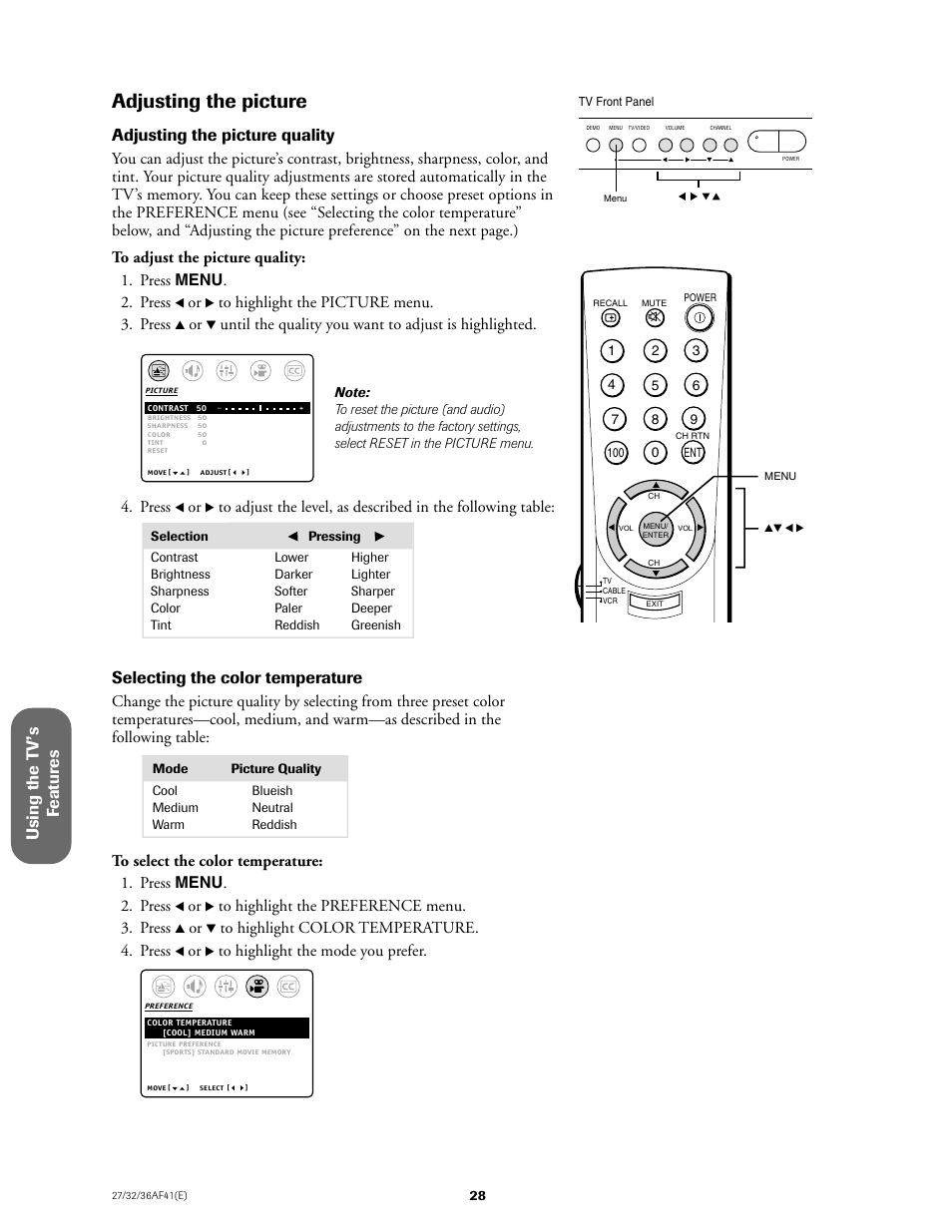 Adjusting the picture, Using the t v ’s f eatur es, Adjusting the picture quality | Selecting the color temperature, Press | Toshiba 27AF41 User Manual | Page 28 / 38