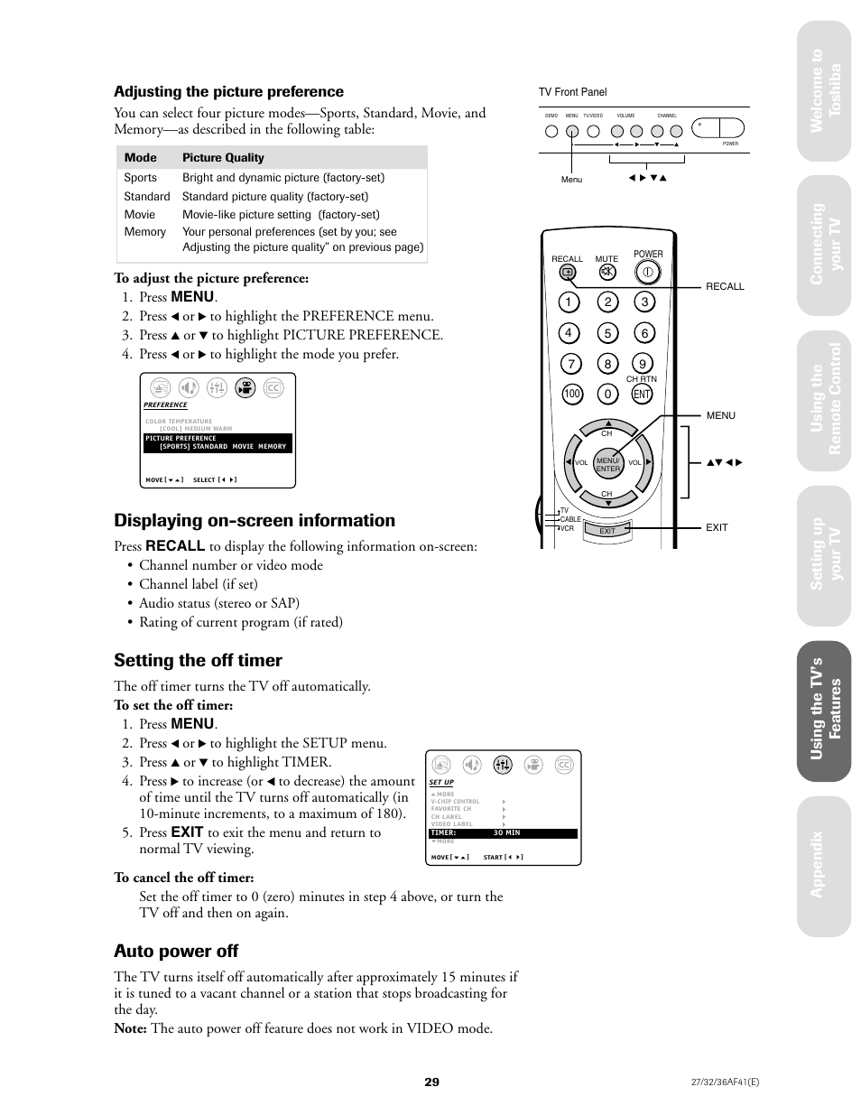Displaying on-screen information, Setting the off timer, Auto power off | Adjusting the picture preference | Toshiba 27AF41 User Manual | Page 29 / 38