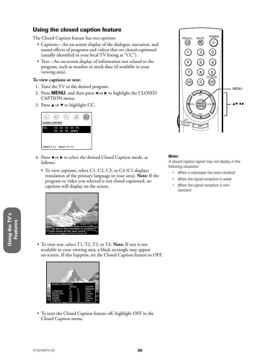 Using the closed caption feature, Using the t v ’s f eatur es, Press | Toshiba 27AF41 User Manual | Page 30 / 38