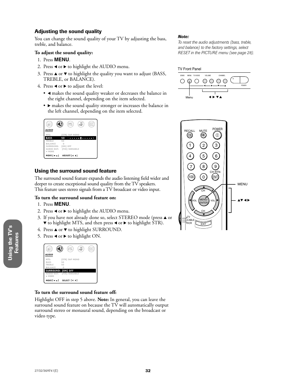 Using the t v ’s f eatur es, Adjusting the sound quality, Using the surround sound feature | Toshiba 27AF41 User Manual | Page 32 / 38