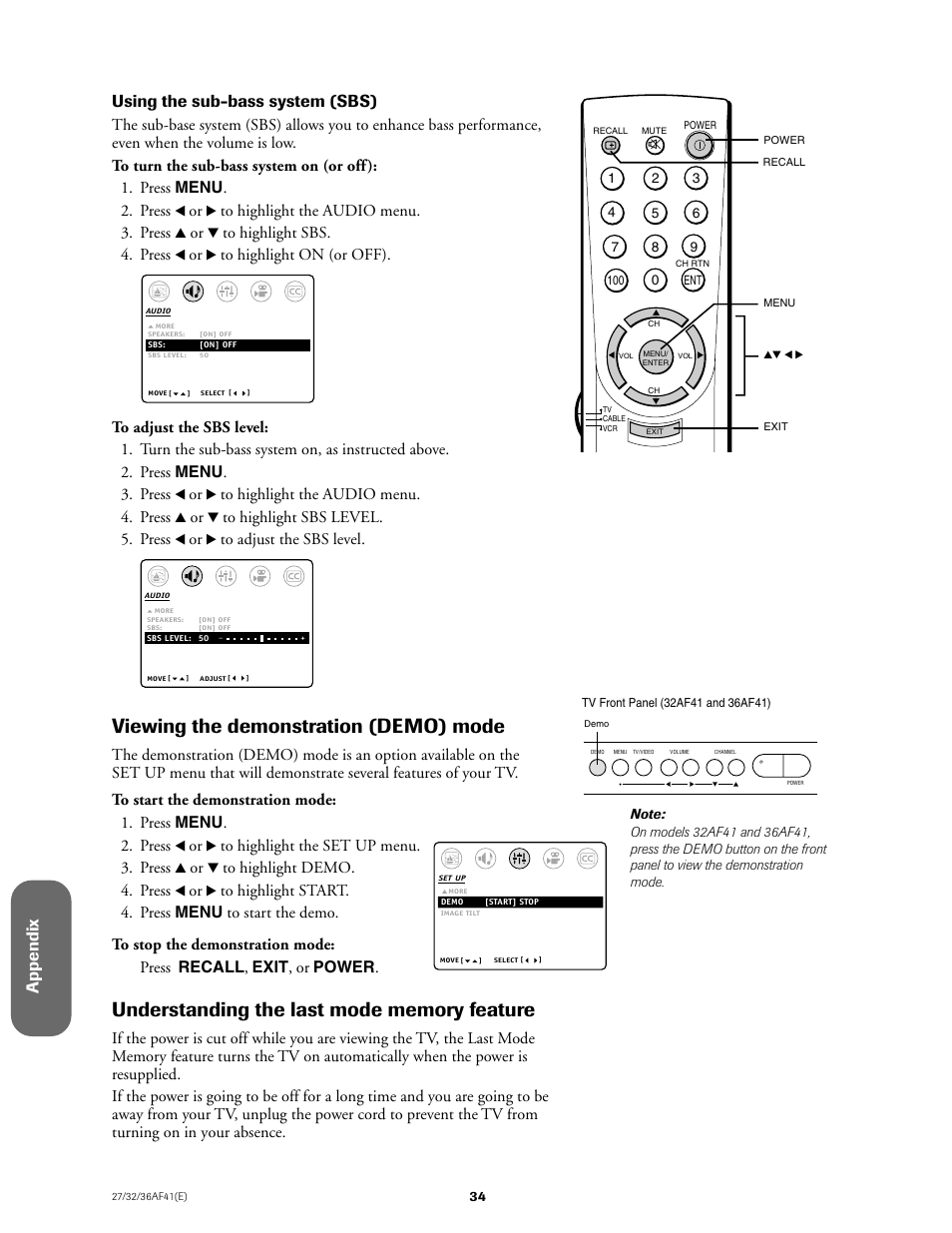 Viewing the demonstration (demo) mode, Appendix, Using the sub-bass system (sbs) | Toshiba 27AF41 User Manual | Page 34 / 38
