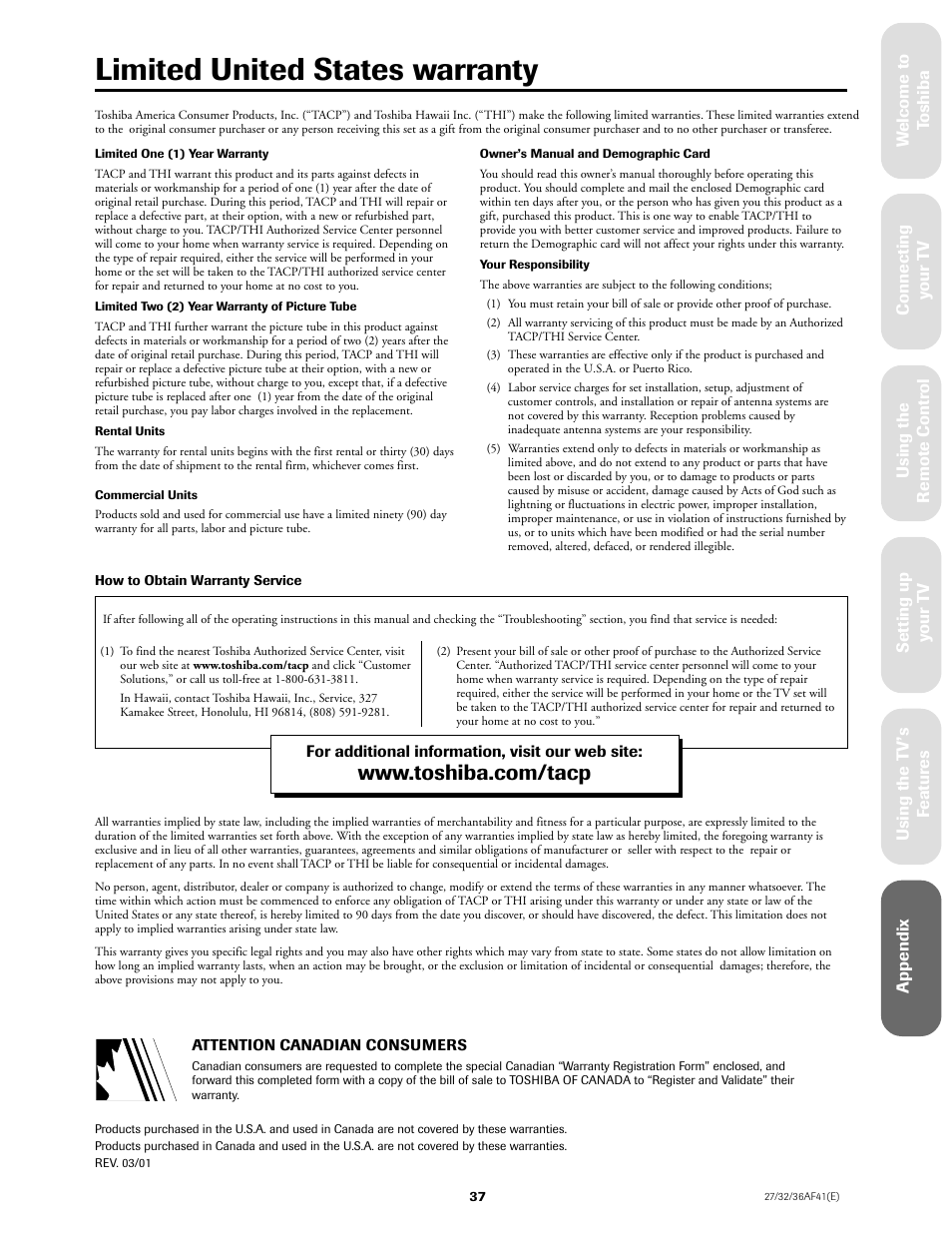 Limited warranty, Limited united states warranty | Toshiba 27AF41 User Manual | Page 37 / 38