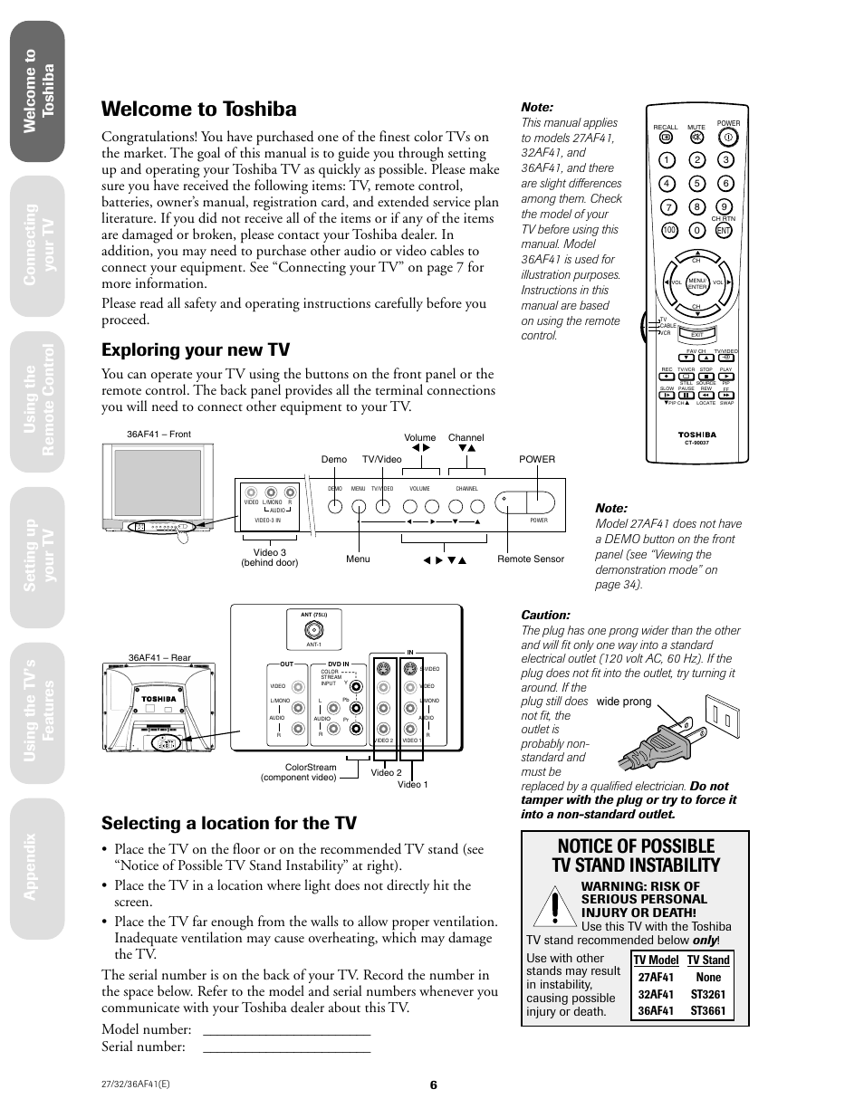 Welcometo toshiba, Welcome to toshiba, Notice of possible tv stand instability | Exploring your new tv, Selecting a location for the tv | Toshiba 27AF41 User Manual | Page 6 / 38