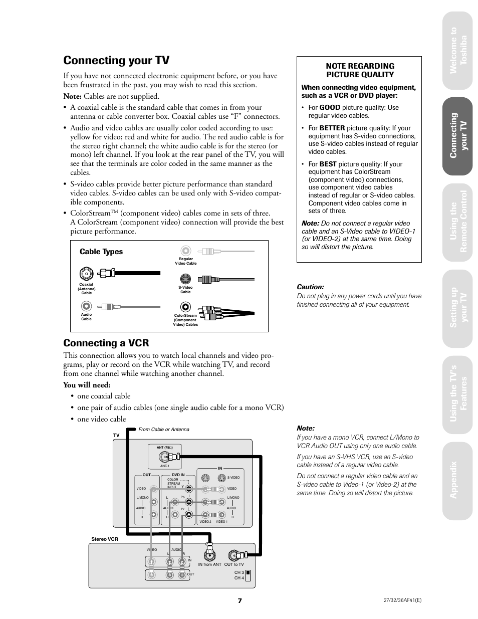 Connecting your tv, Connecting a vcr, Cable types | Toshiba 27AF41 User Manual | Page 7 / 38