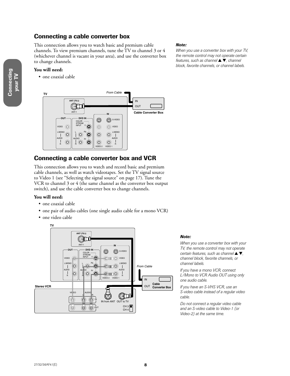 Cable converter box / and vcr, Connecting a cable converter box, Connecting a cable converter box and vcr | Connecting y our t v | Toshiba 27AF41 User Manual | Page 8 / 38