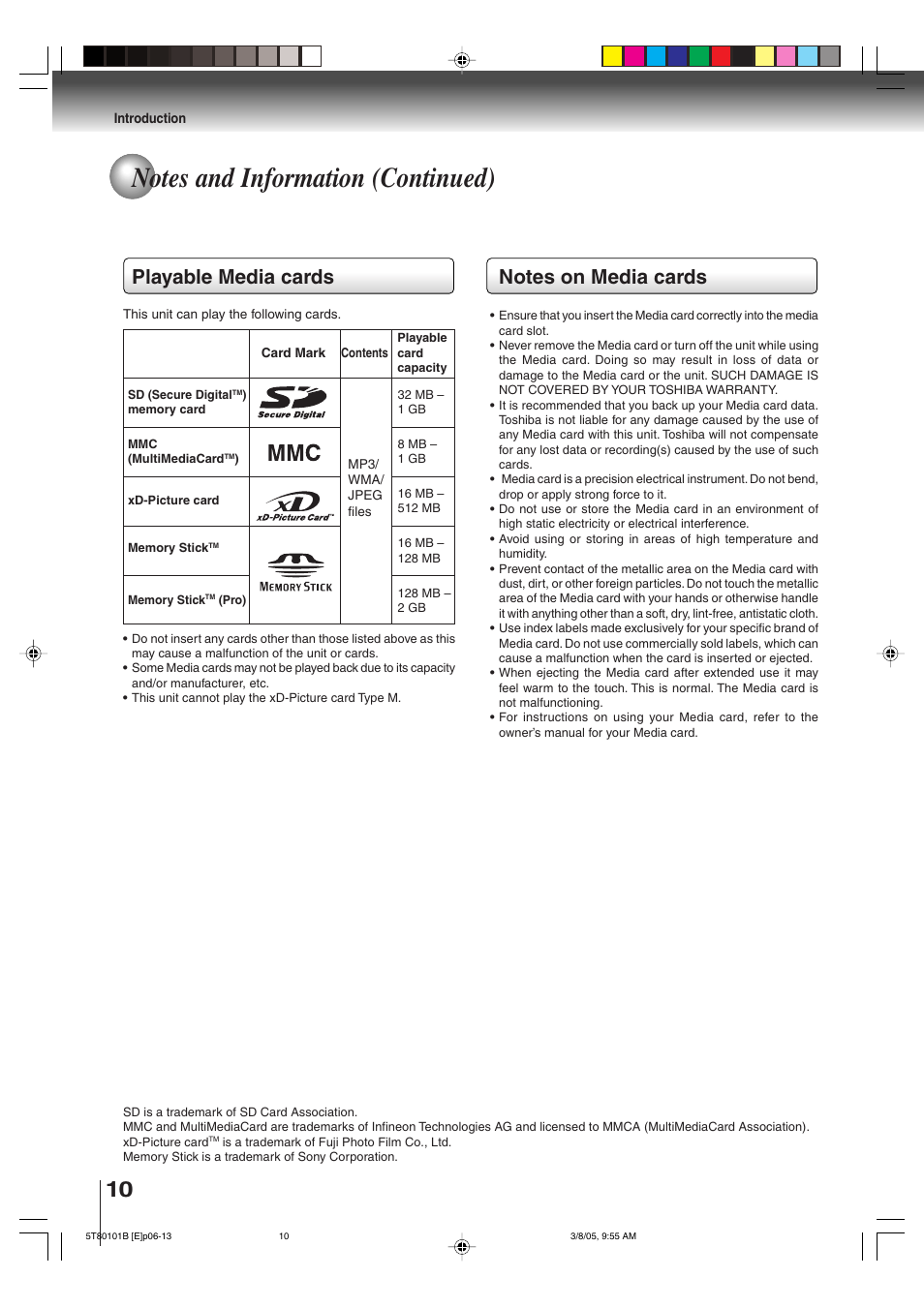 Playable media cards | Toshiba MW27F51 User Manual | Page 10 / 72