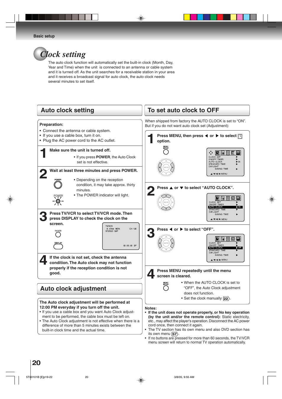 Clock setting, Auto clock setting, Auto clock adjustment to set auto clock to off | Toshiba MW27F51 User Manual | Page 20 / 72