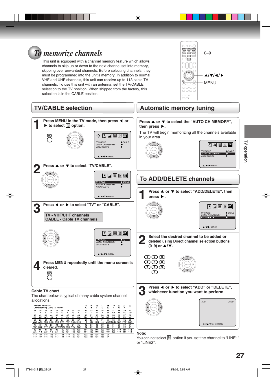 Tv/cable selection | Toshiba MW27F51 User Manual | Page 27 / 72