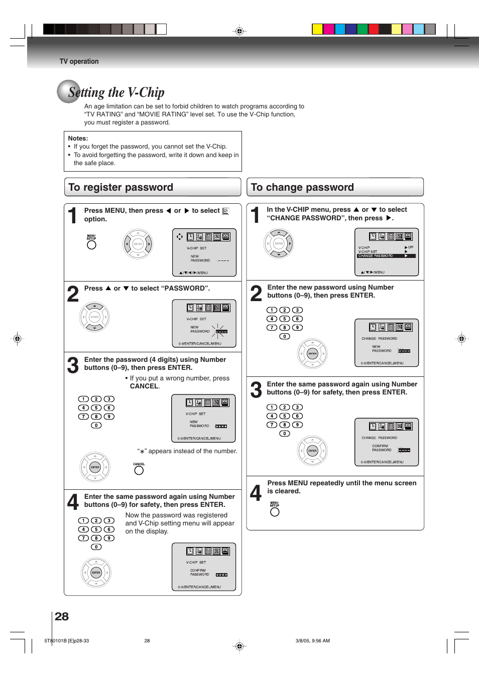 Setting the v-chip | Toshiba MW27F51 User Manual | Page 28 / 72
