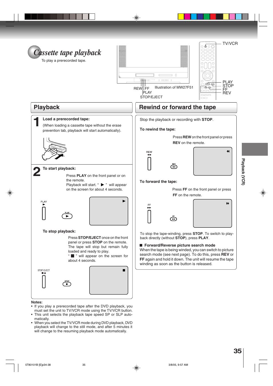 Cassette tape playback, Playback rewind or forward the tape | Toshiba MW27F51 User Manual | Page 35 / 72