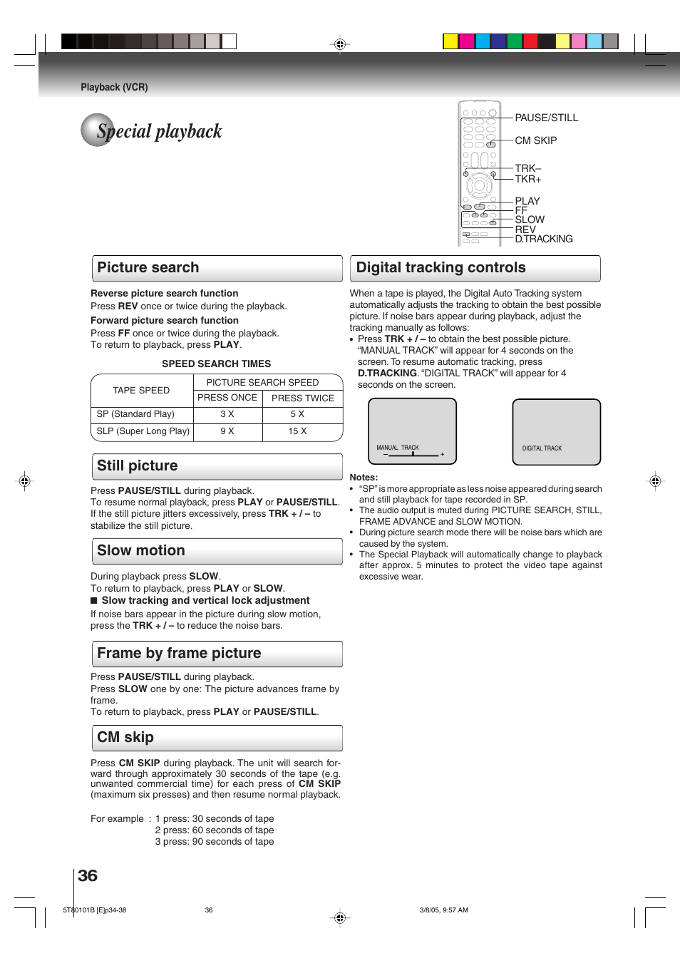 Special playback, Picture search, Cm skip | Toshiba MW27F51 User Manual | Page 36 / 72