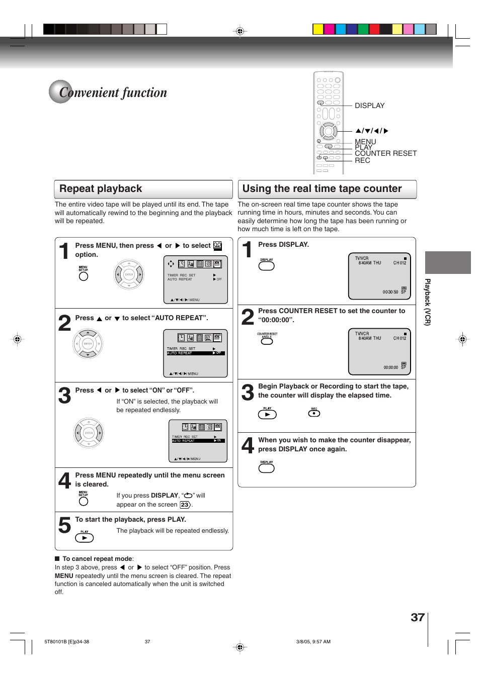Convenient function, Repeat playback, Using the real time tape counter | Toshiba MW27F51 User Manual | Page 37 / 72