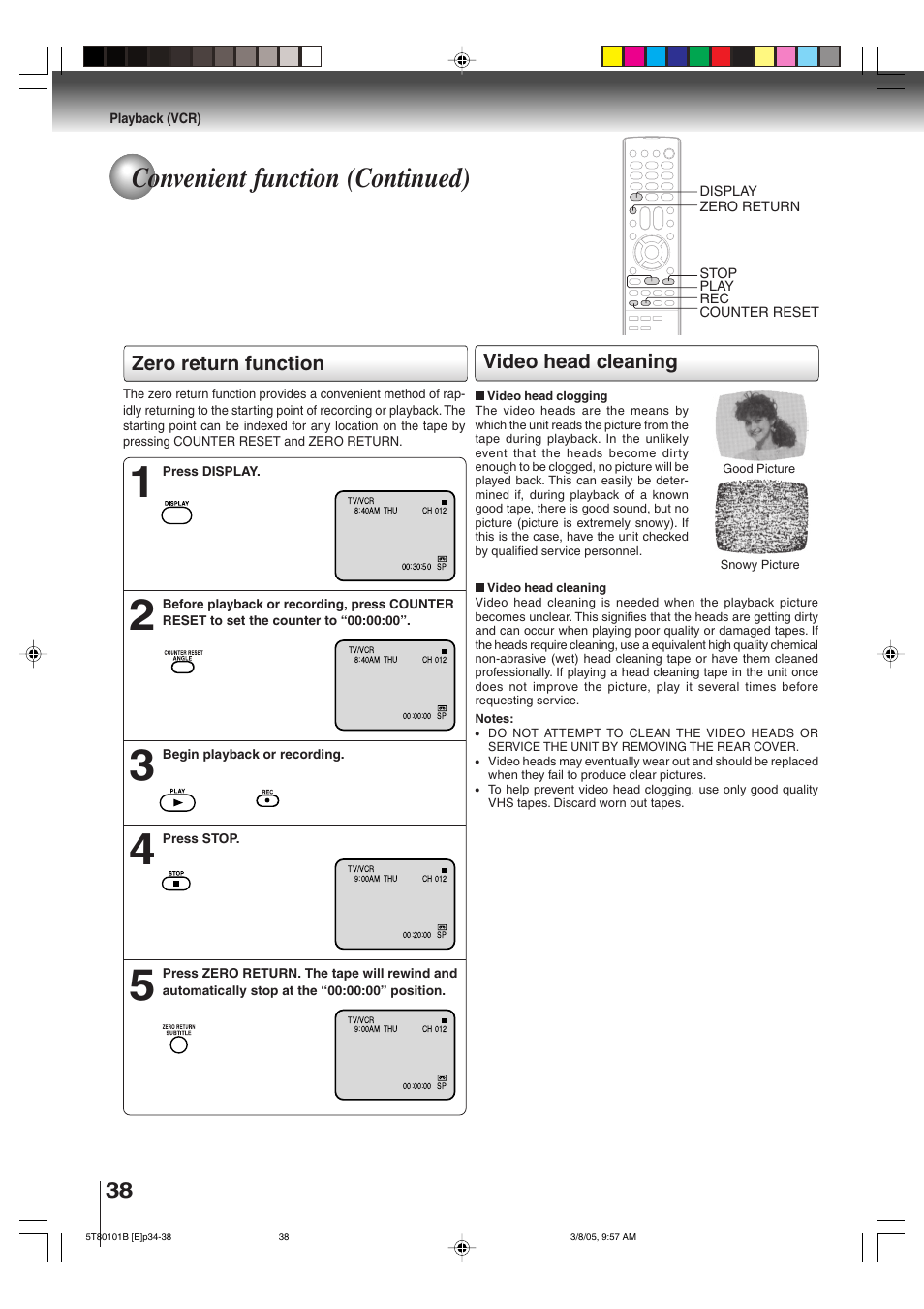 Convenient function (continued), Zero return function, Video head cleaning | Toshiba MW27F51 User Manual | Page 38 / 72