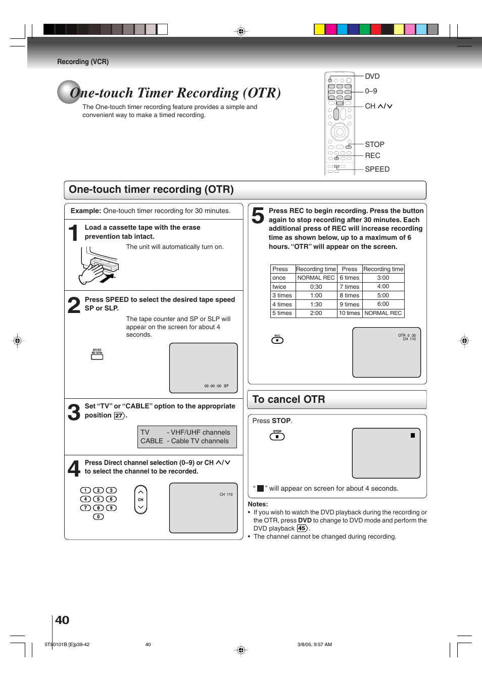 One-touch timer recording (otr) | Toshiba MW27F51 User Manual | Page 40 / 72