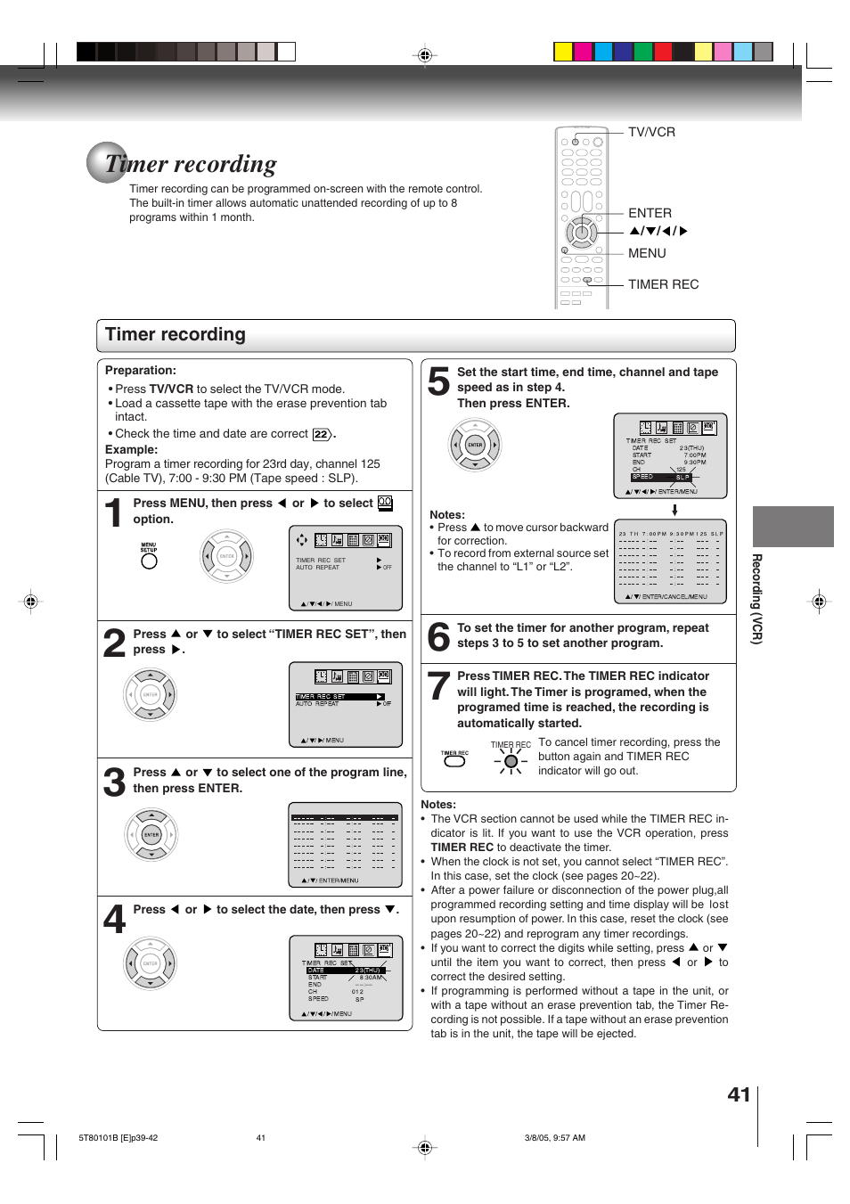 Timer recording | Toshiba MW27F51 User Manual | Page 41 / 72