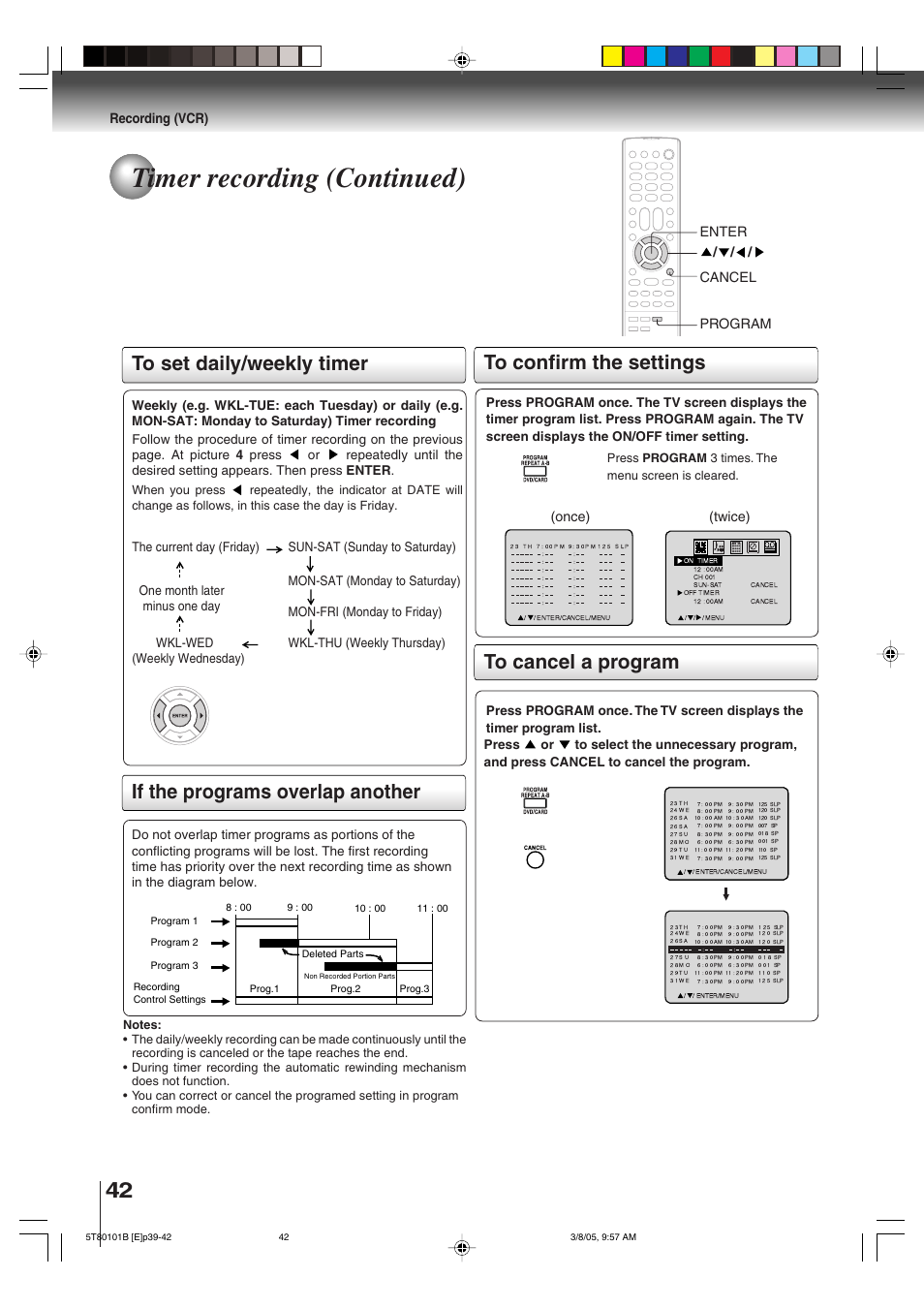 Timer recording (continued), If the programs overlap another, Recording (vcr) | Twice) (once), Cancel program enter | Toshiba MW27F51 User Manual | Page 42 / 72