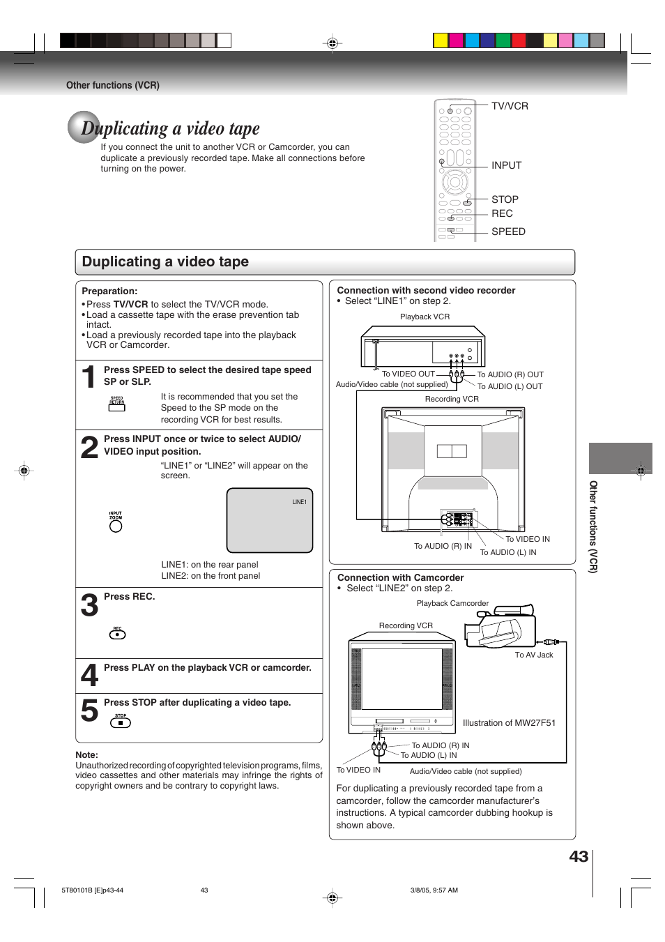 Duplicating a video tape | Toshiba MW27F51 User Manual | Page 43 / 72