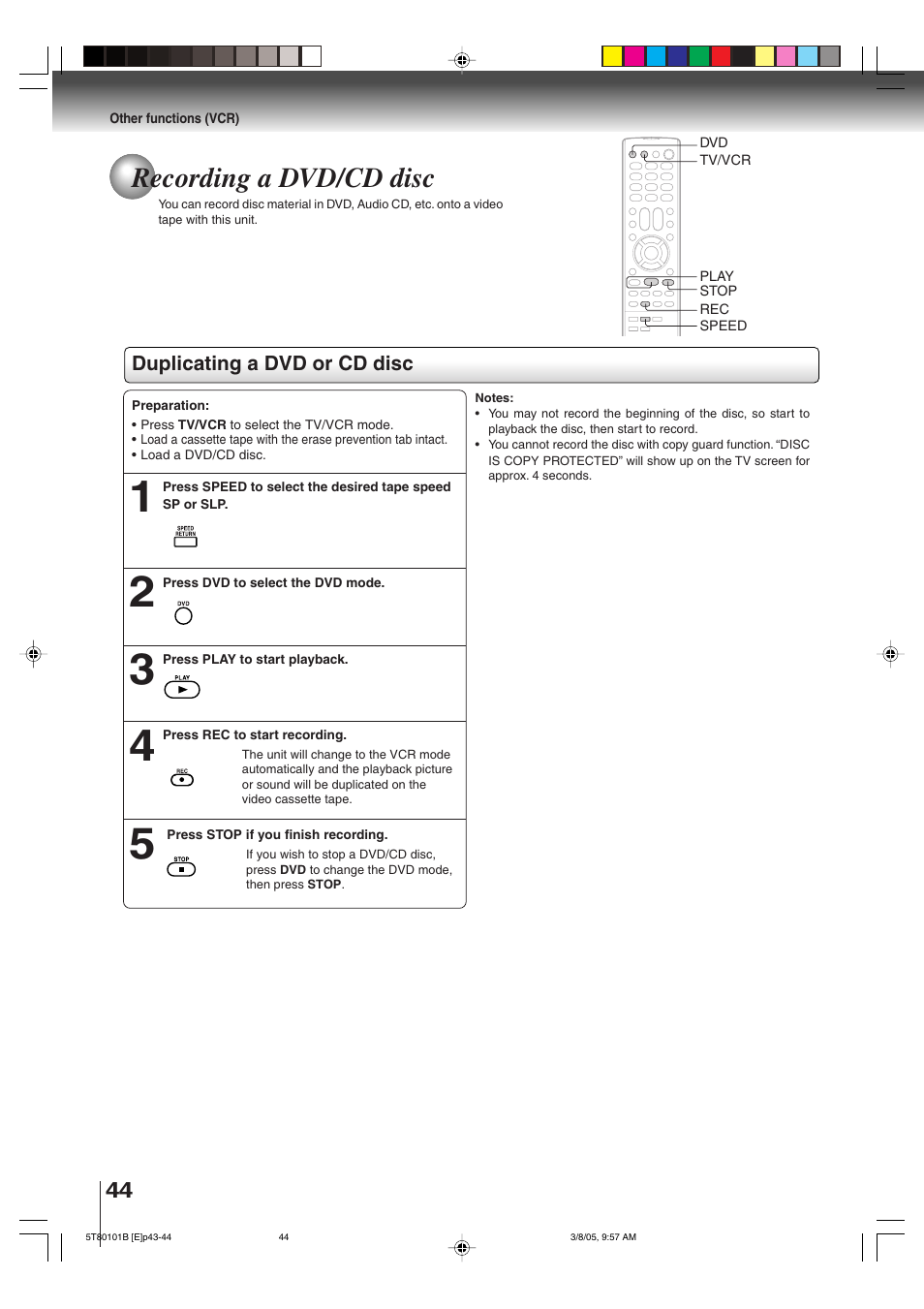 Recording a dvd/cd disc | Toshiba MW27F51 User Manual | Page 44 / 72