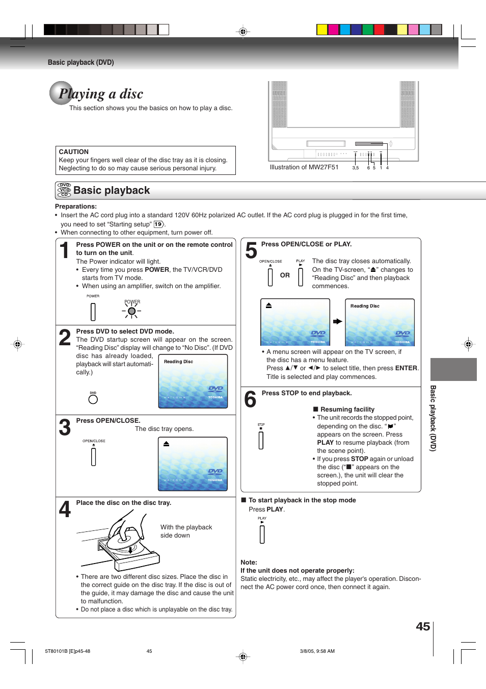 Playing a disc, Basic playback | Toshiba MW27F51 User Manual | Page 45 / 72