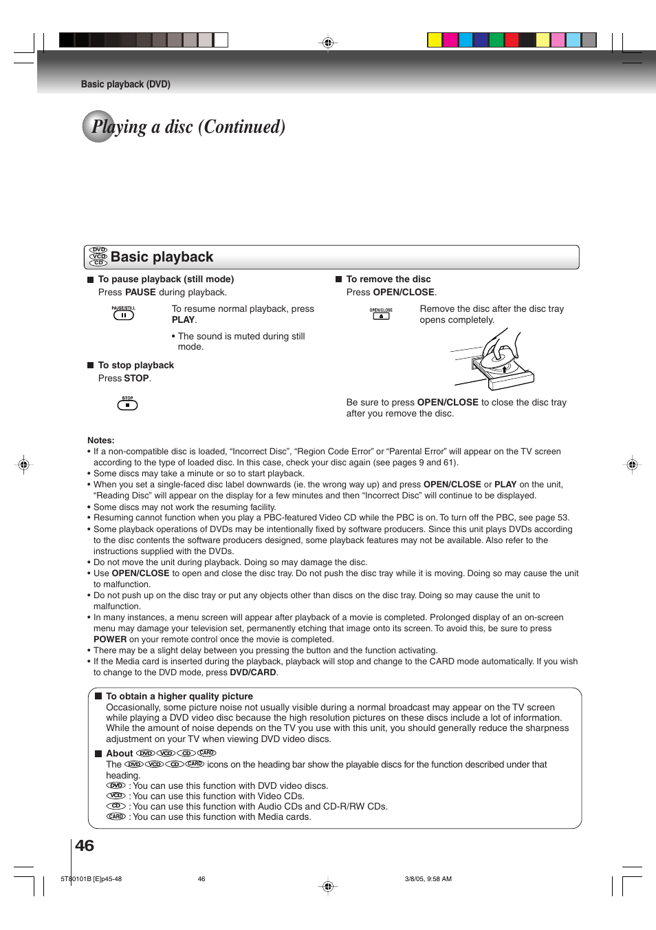 Playing a disc (continued), Basic playback | Toshiba MW27F51 User Manual | Page 46 / 72