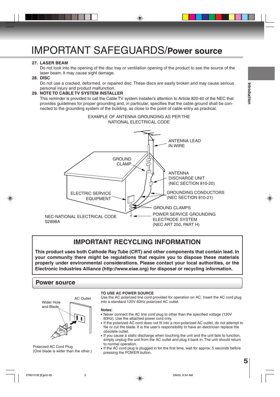 Important safeguards, Important recycling information, Power source | Toshiba MW27F51 User Manual | Page 5 / 72