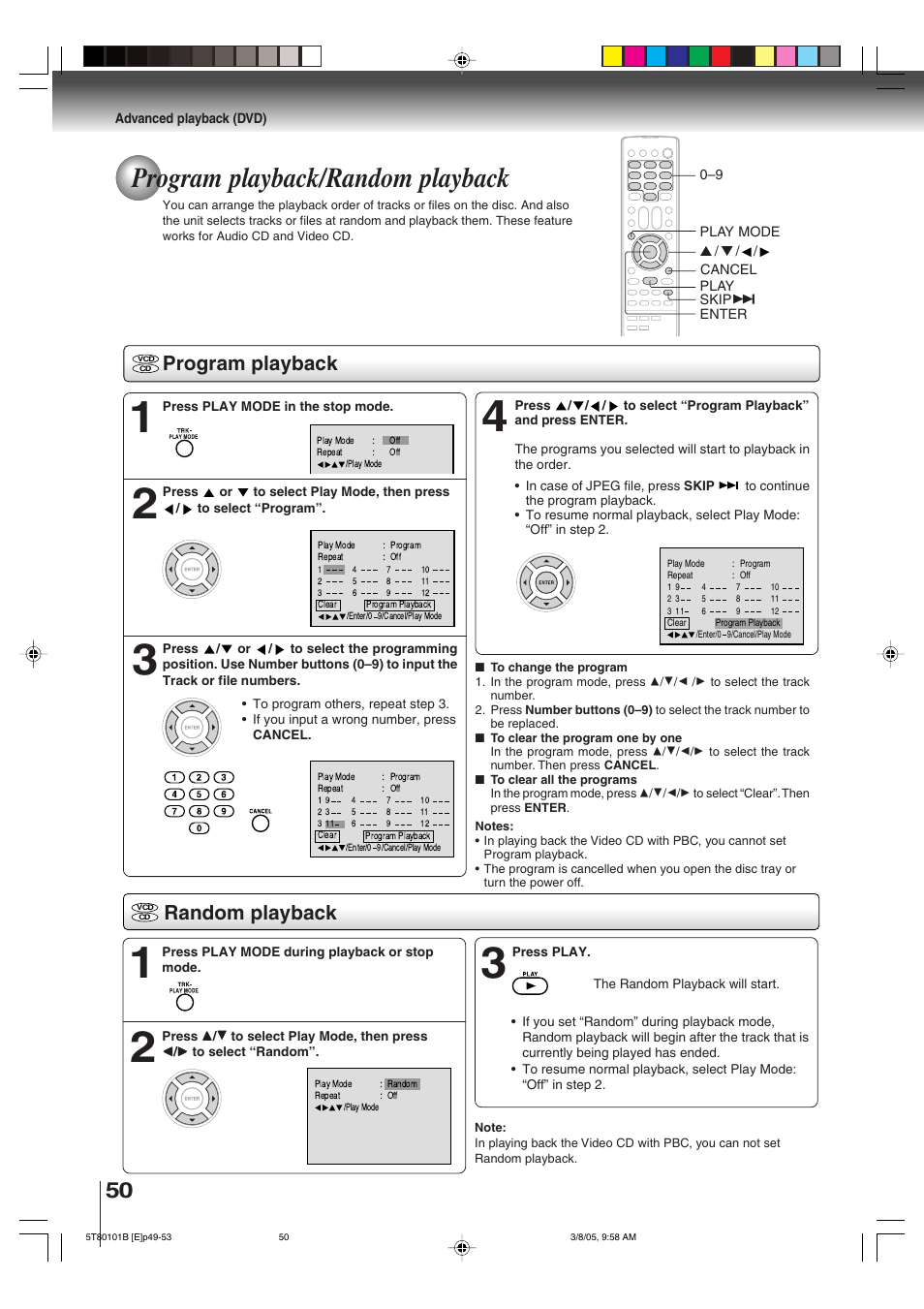 Program playback/random playback, Program playback, Random playback | Toshiba MW27F51 User Manual | Page 50 / 72
