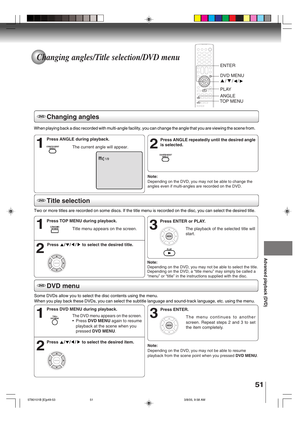 Changing angles/title selection/dvd menu | Toshiba MW27F51 User Manual | Page 51 / 72