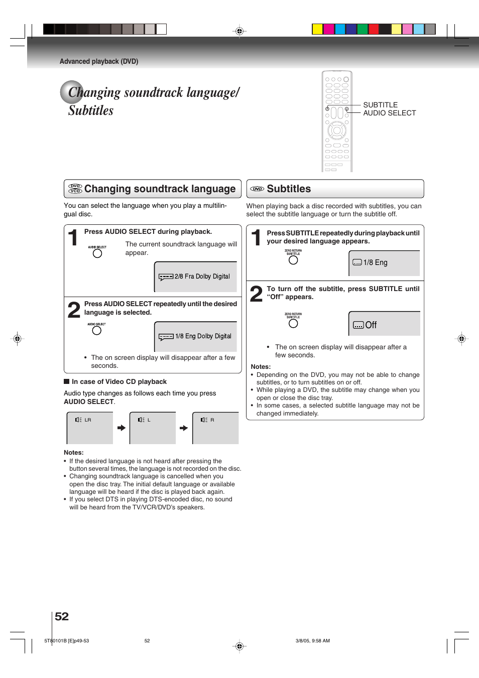 Changing soundtrack language/ subtitles, Subtitles, Changing soundtrack language | Toshiba MW27F51 User Manual | Page 52 / 72