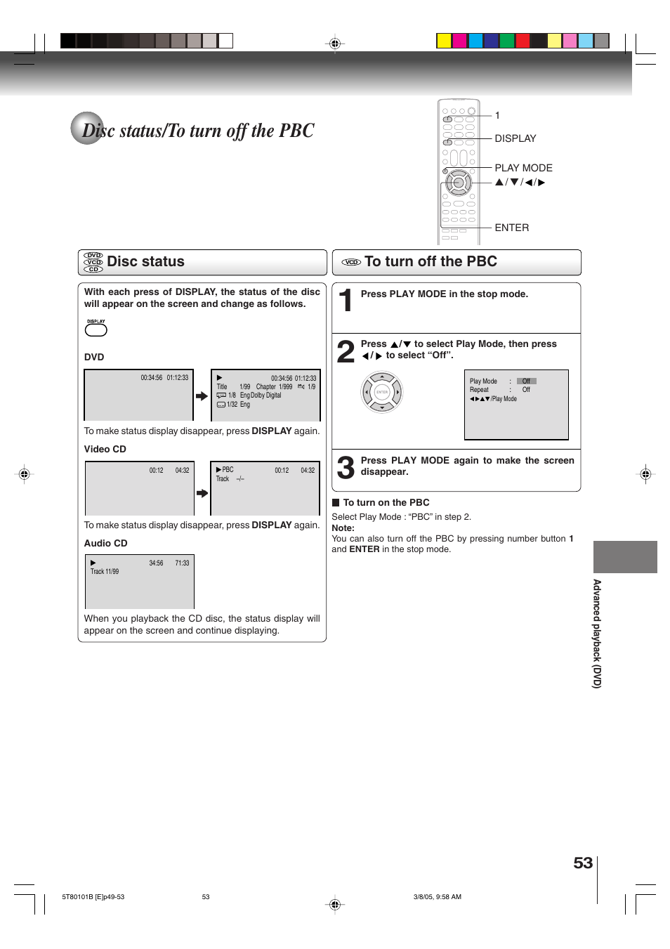 Disc status/to turn off the pbc, Disc status | Toshiba MW27F51 User Manual | Page 53 / 72