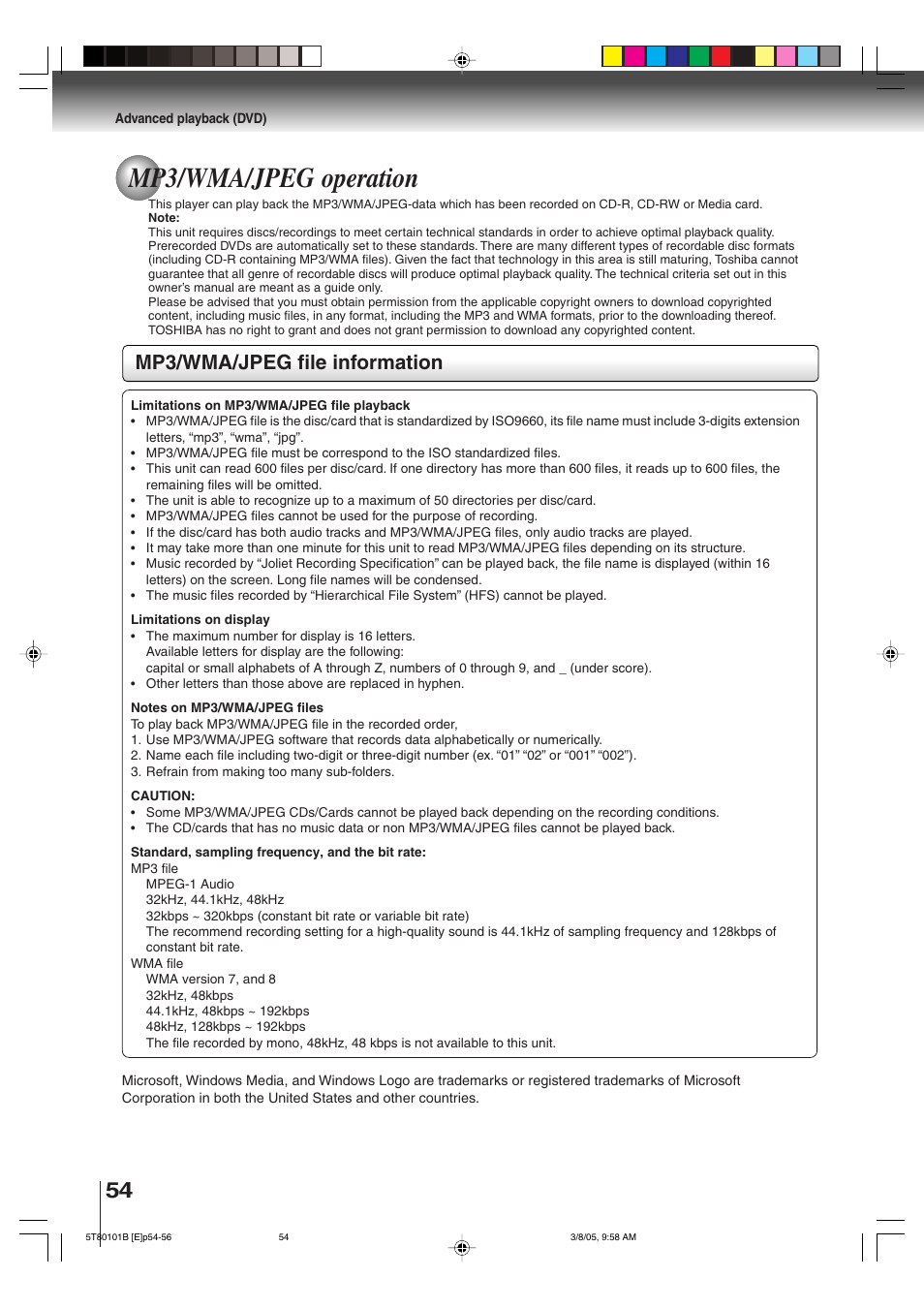 Mp3/wma/jpeg operation, Mp3/wma/jpeg file information | Toshiba MW27F51 User Manual | Page 54 / 72