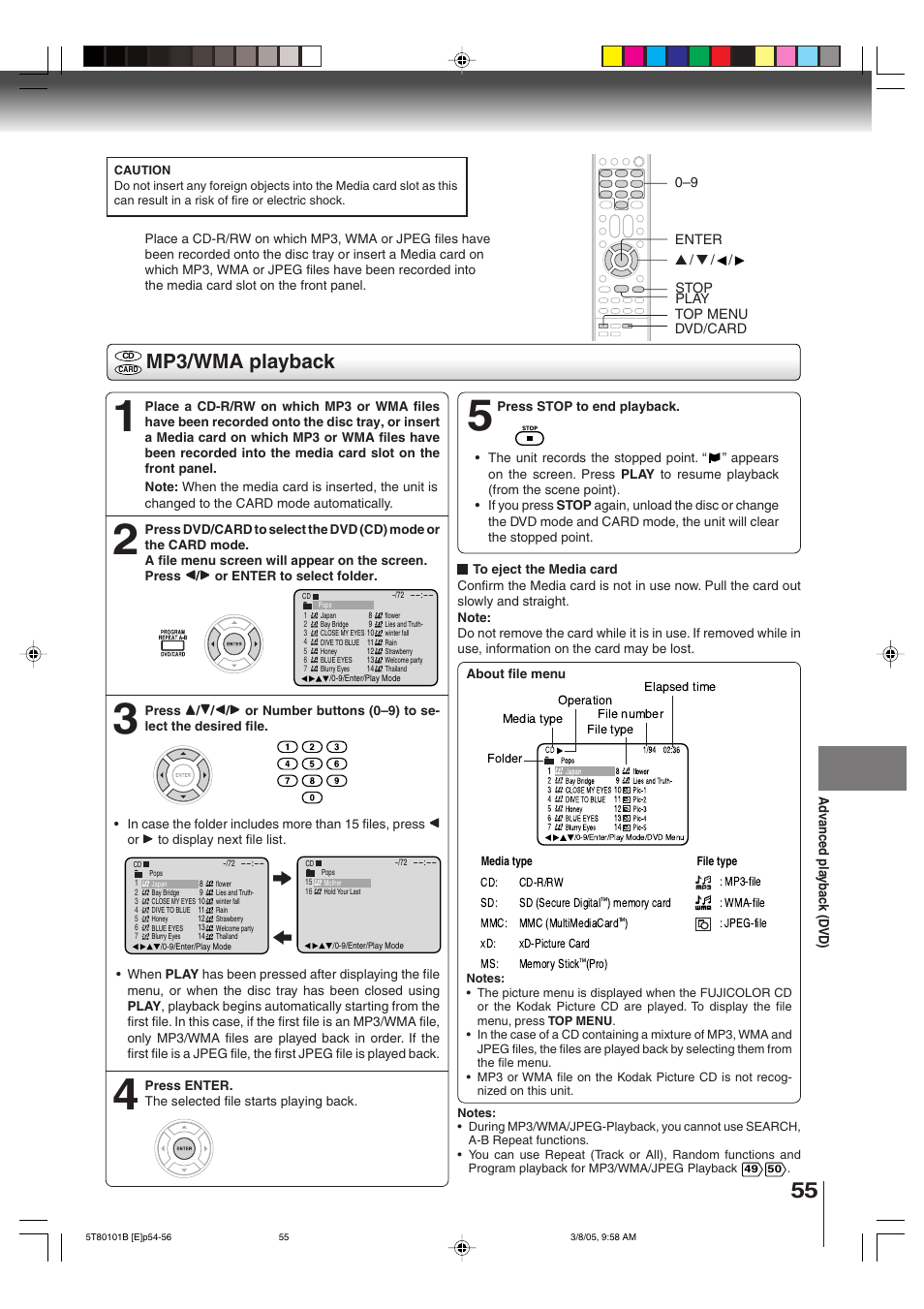 Mp3/wma playback | Toshiba MW27F51 User Manual | Page 55 / 72