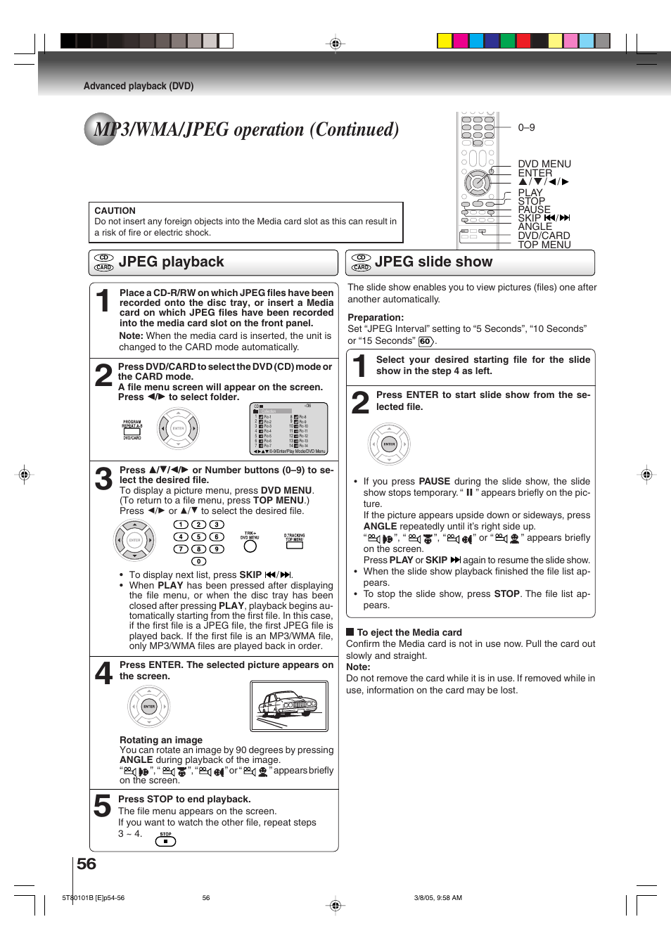 Mp3/wma/jpeg operation (continued), Jpeg slide show jpeg playback | Toshiba MW27F51 User Manual | Page 56 / 72