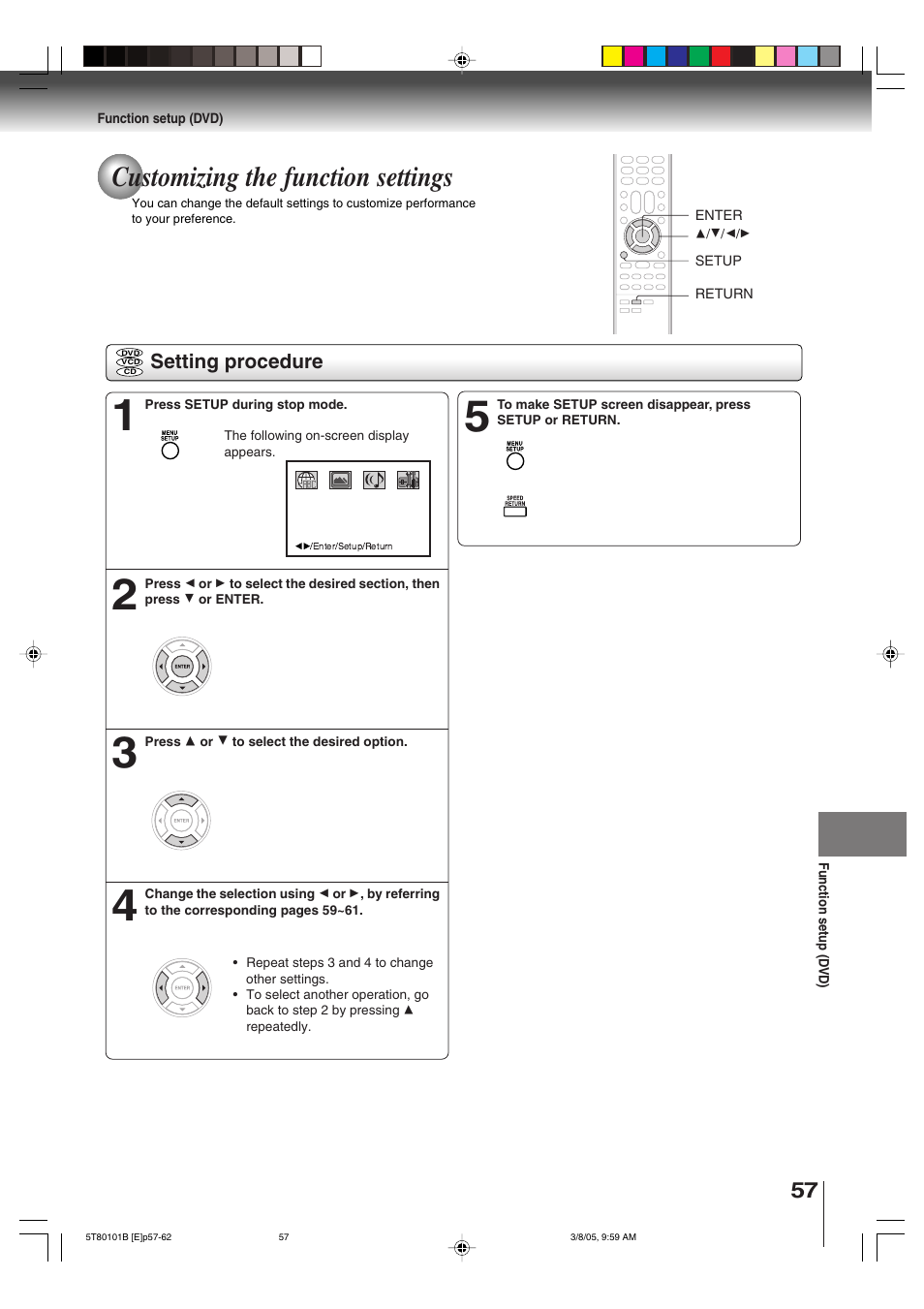 Customizing the function settings | Toshiba MW27F51 User Manual | Page 57 / 72