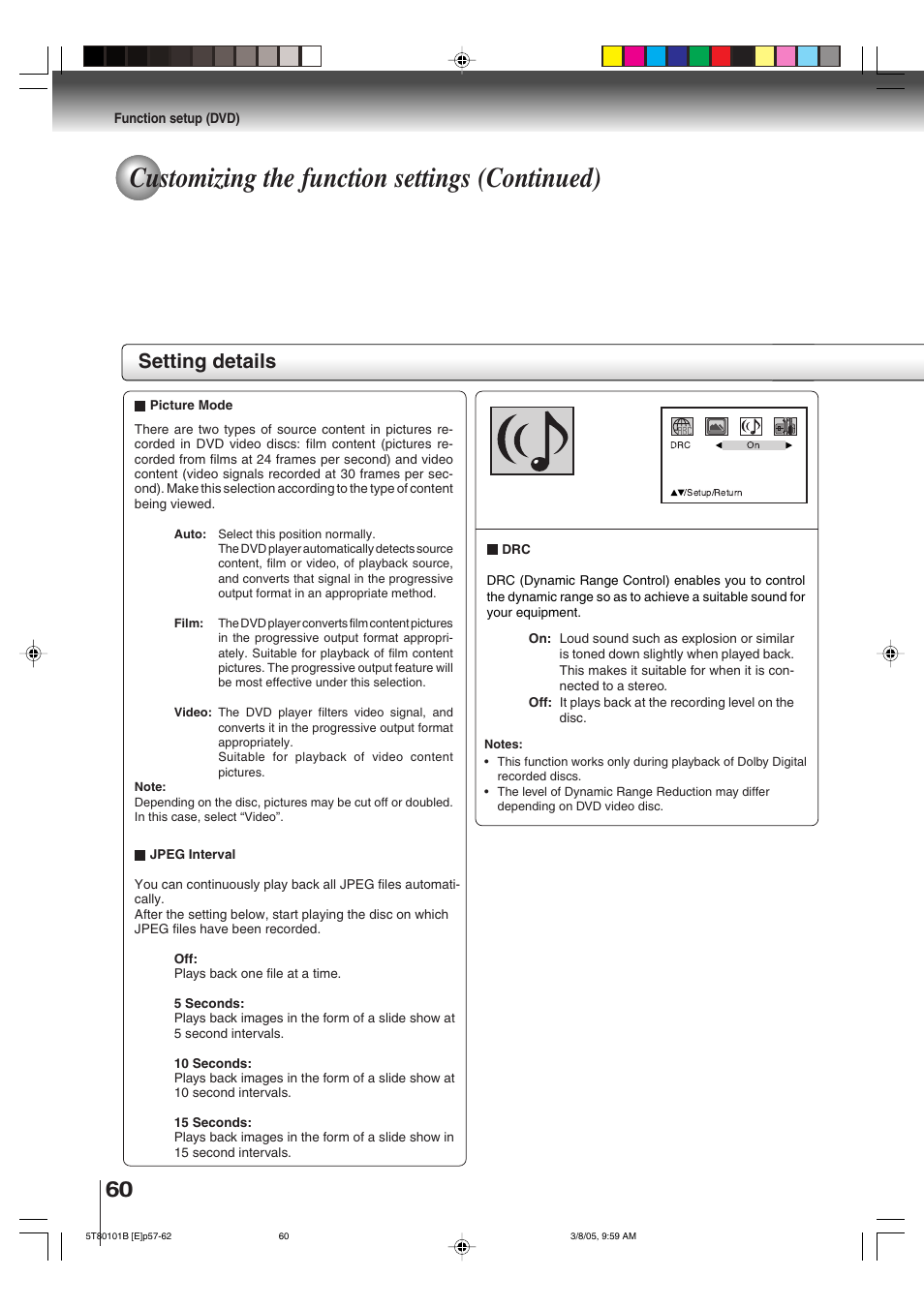 Customizing the function settings (continued), Setting details | Toshiba MW27F51 User Manual | Page 60 / 72