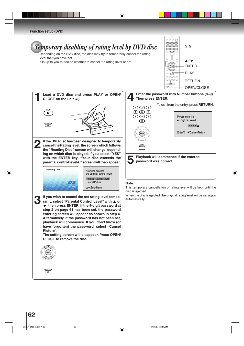 Temporary disabling of rating level by dvd disc | Toshiba MW27F51 User Manual | Page 62 / 72