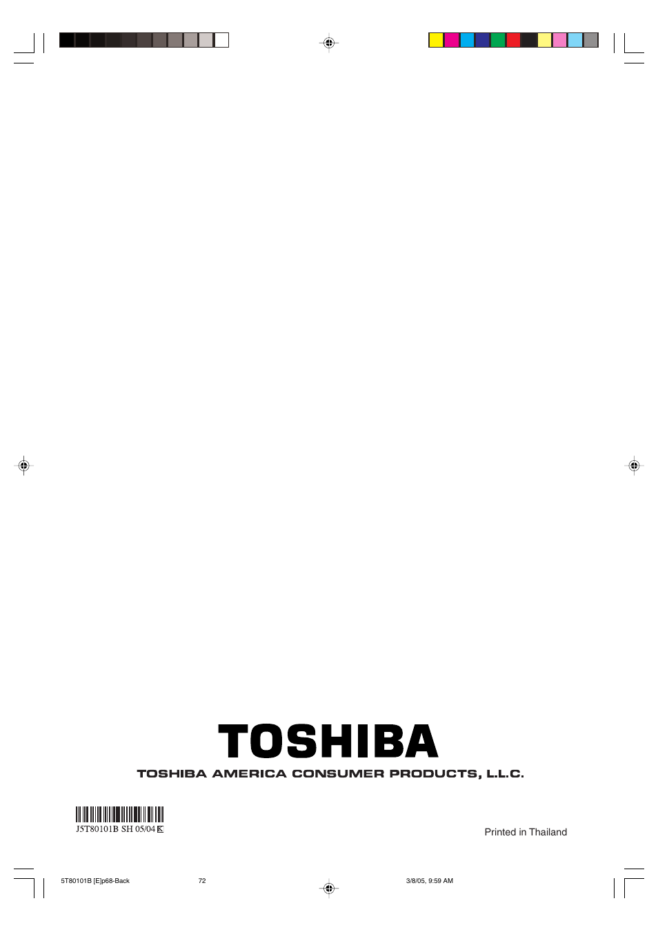 Printed in thailand | Toshiba MW27F51 User Manual | Page 72 / 72