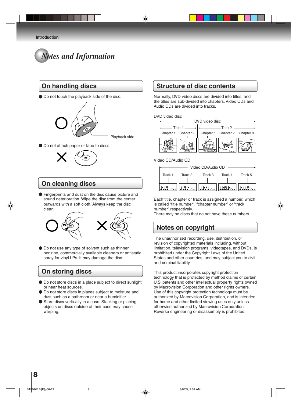 Structure of disc contents, On handling discs, On cleaning discs | On storing discs | Toshiba MW27F51 User Manual | Page 8 / 72