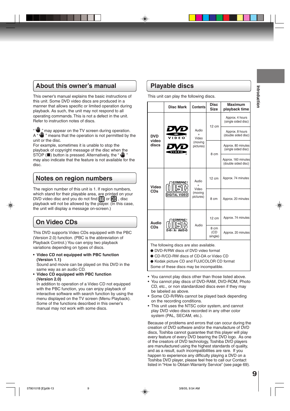 Playable discs, About this owner’s manual, On video cds | Toshiba MW27F51 User Manual | Page 9 / 72